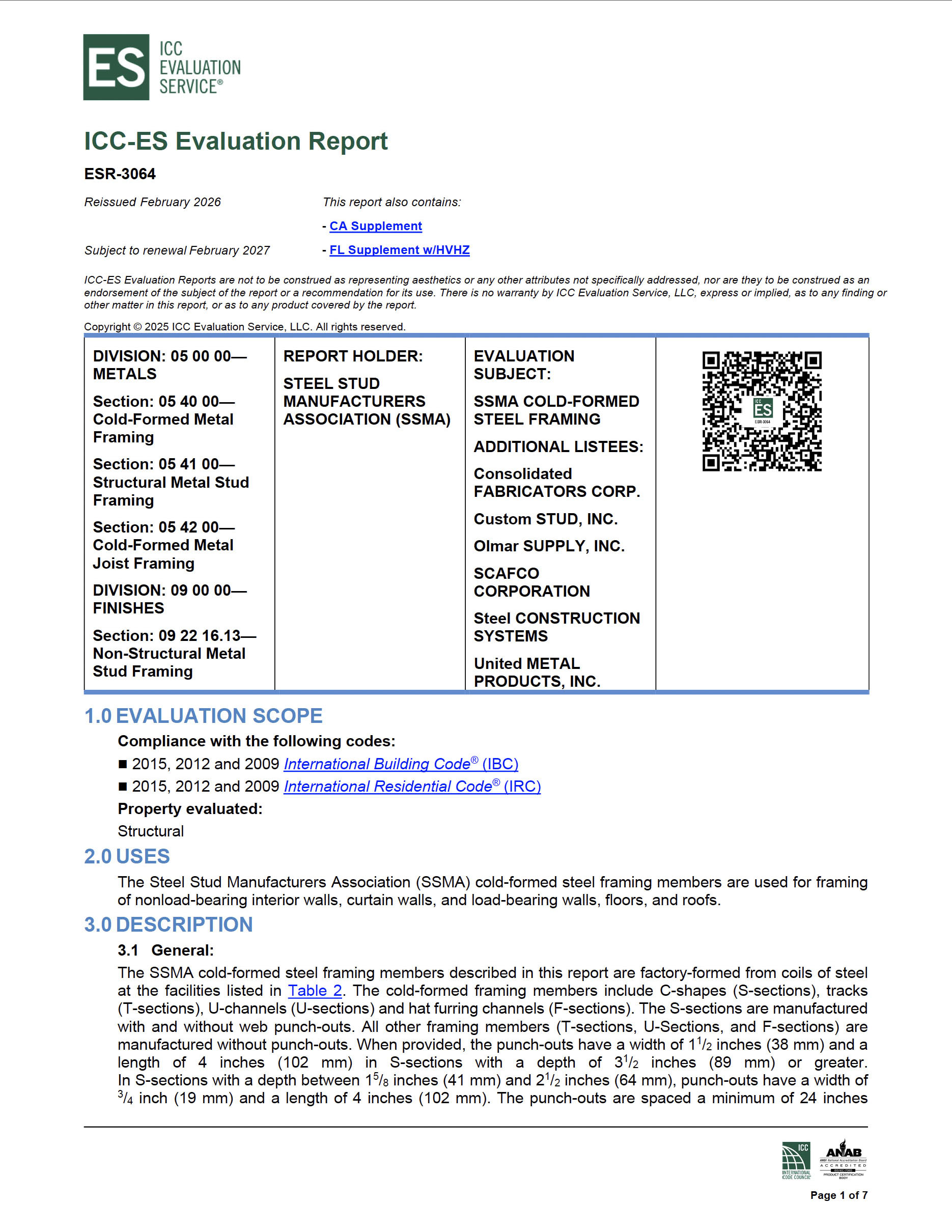 thumbnail of ICC ESR-3064P – SSMA – 2027